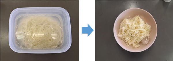 お湯とそうめんを入れた容器の写真と完成したそうめんの写真